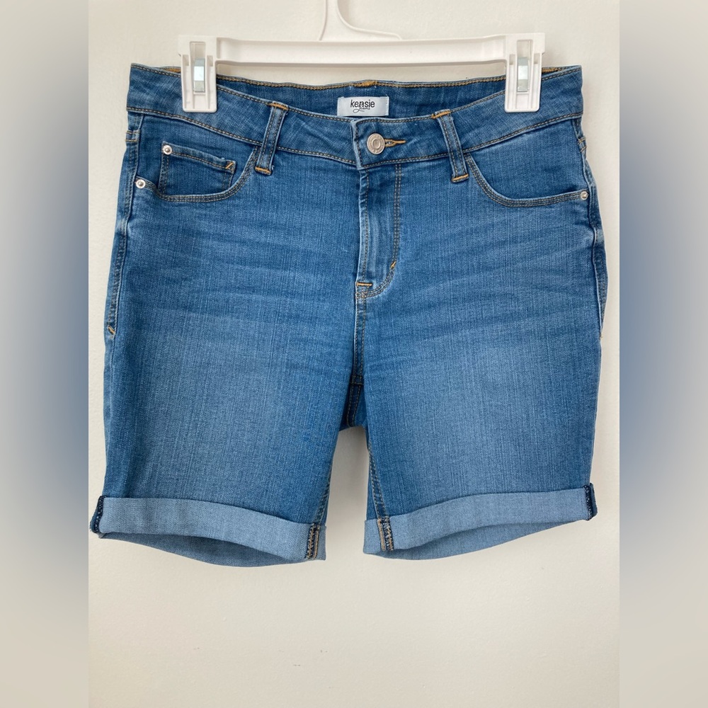 #112. Kenzie, Dad Shorts, Cuffed, Long-Length, Stretchy, Blue, (Women)